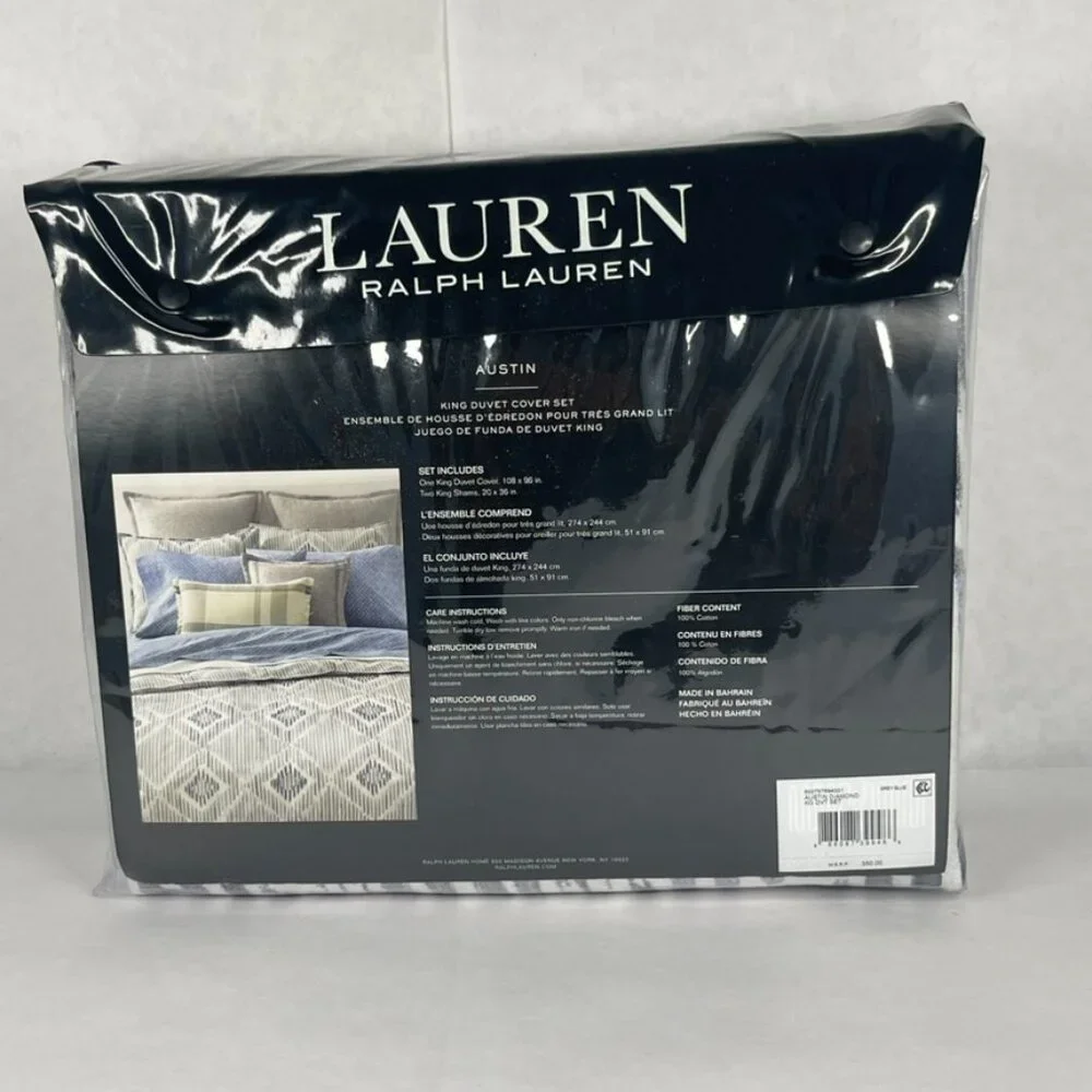 Ralph Lauren Austin King Duvet Cover Set 100% Cotton Gray Blue NIP